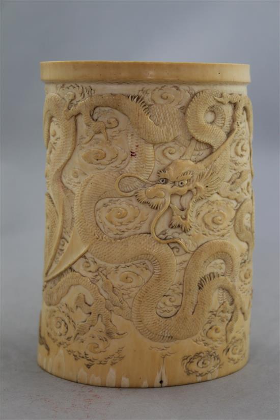 A Japanese ivory dragon tusk vase, Meiji period, 14.7cm